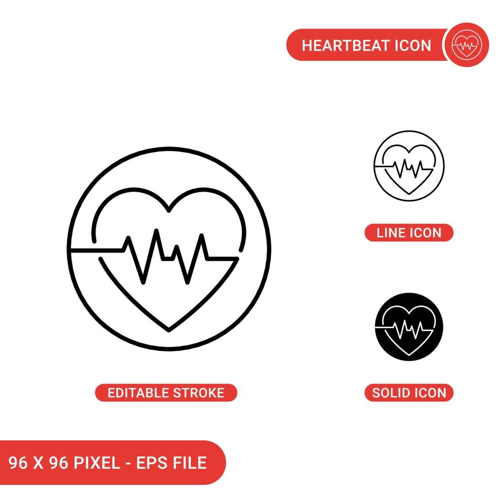 Heartbeat icons set vector illustration with solid icon line style. Healthy heart concept. Editable stroke icon on isolated background for web design, infographic and UI mobile app.