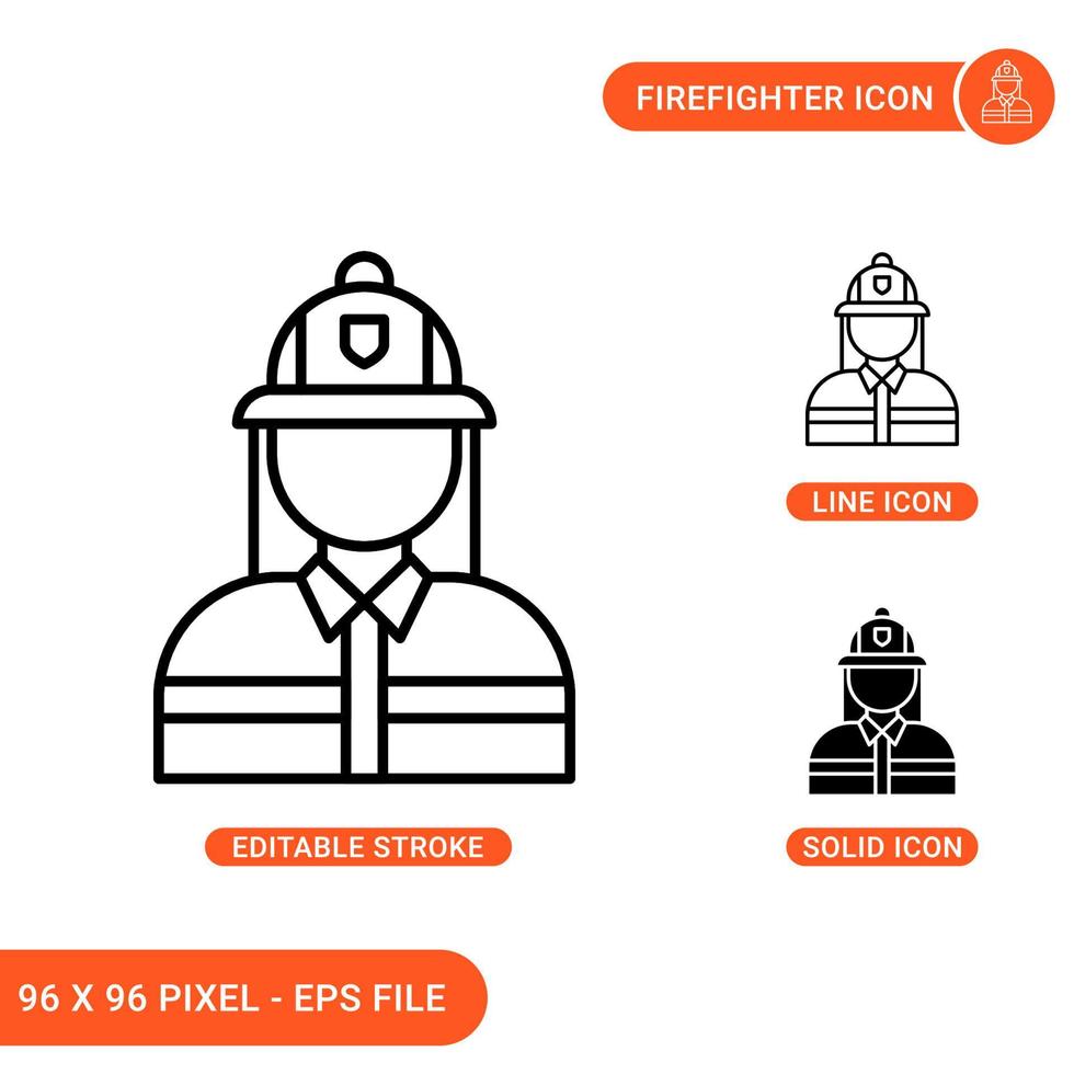 Firefighter icons set vector illustration with solid icon line style. Safety fireman concept. Editable stroke icon on isolated background for web design, infographic and UI mobile app.