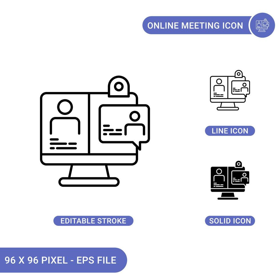 Online meeting icons set vector illustration with solid icon line style. Video communication concept. Editable stroke icon on isolated background for web design, infographic and UI mobile app.