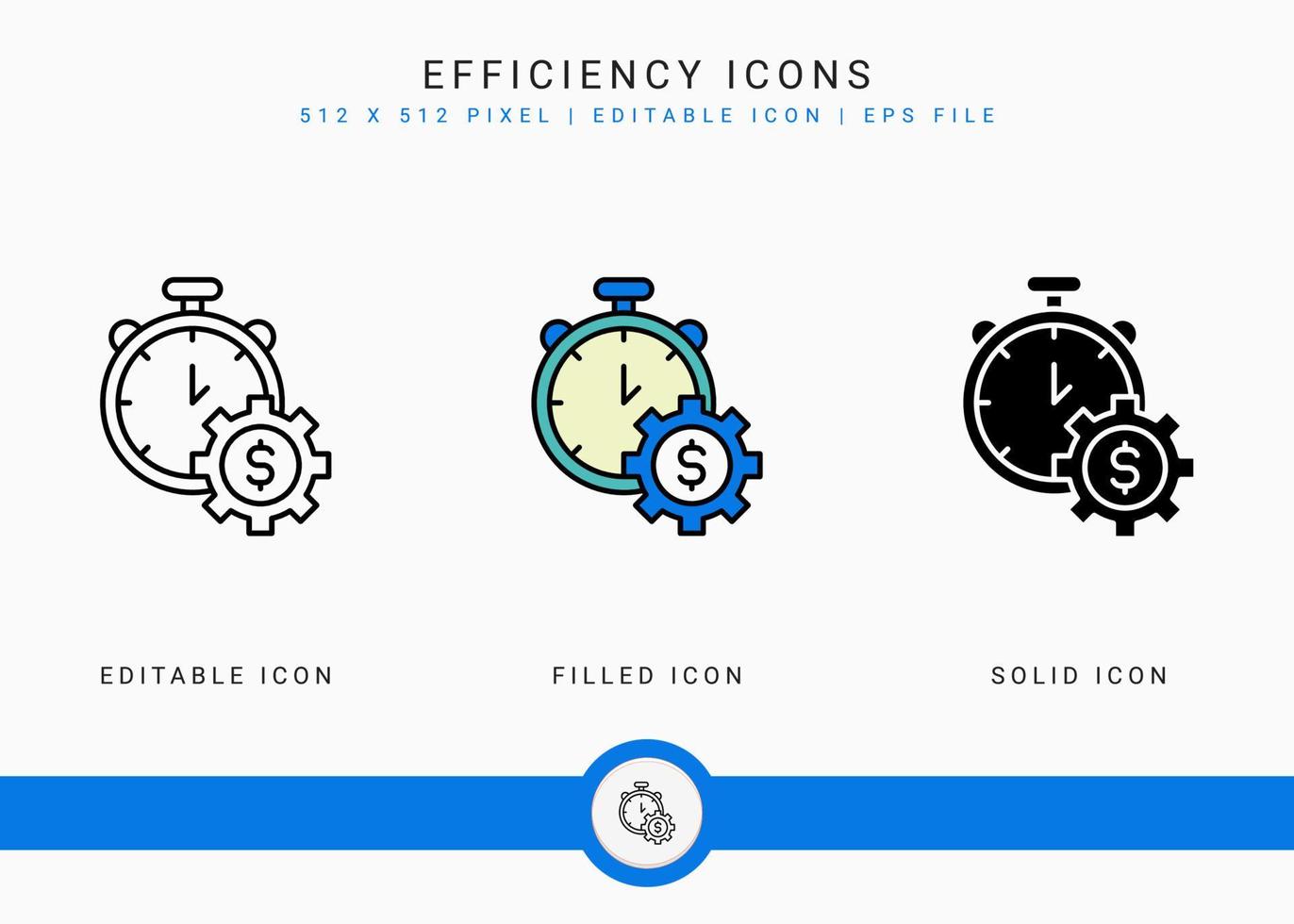 iconos de eficiencia establecen ilustración vectorial con estilo de línea de icono sólido. concepto de desarrollo empresarial. icono de trazo editable sobre fondo blanco aislado para diseño web, interfaz de usuario y aplicación móvil vector