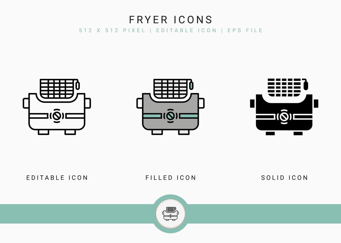 Fryer icons set vector illustration with solid icon line style. Potato basket concept. Editable stroke icon on isolated background for web design, infographic and UI mobile app.