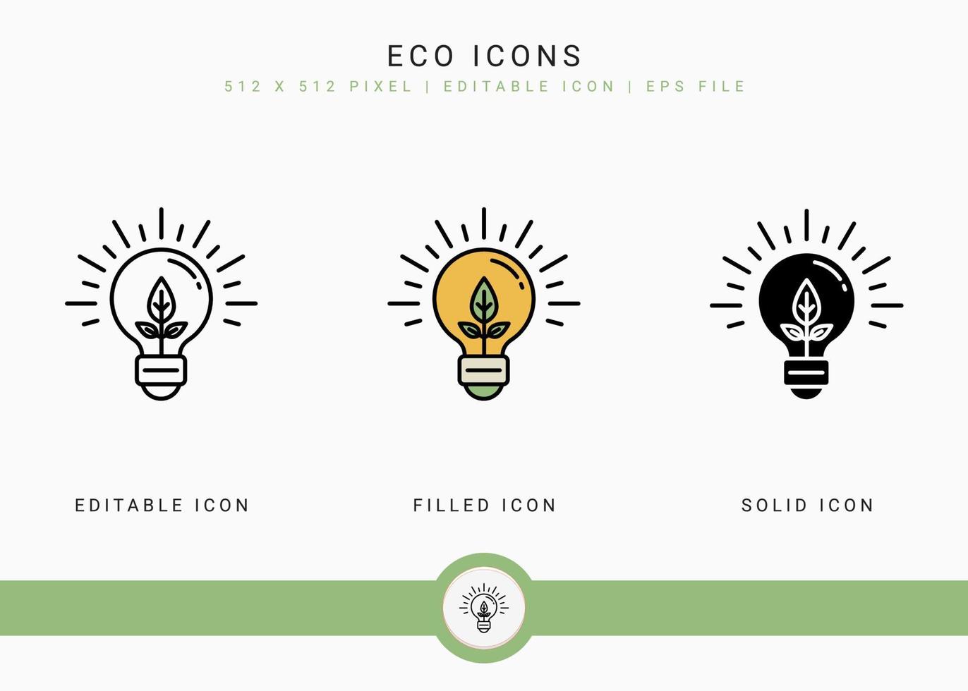 Eco icons set vector illustration with solid icon line style. Eco friendly packaging concept. Editable stroke icon on isolated background for web design, infographic and UI mobile app.