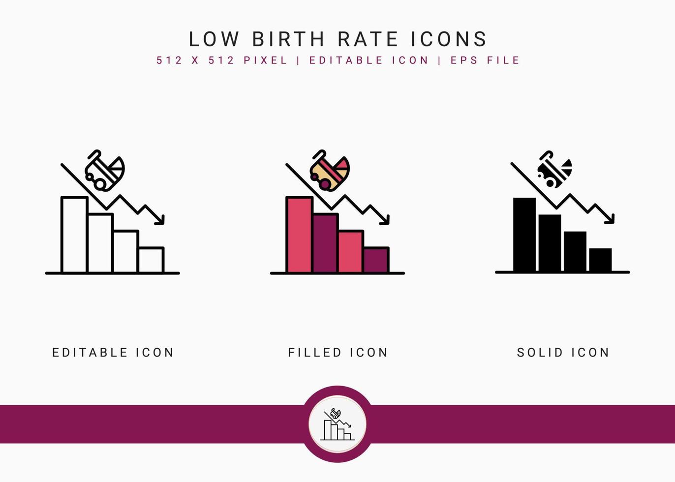 Low birth rate icons set vector illustration with solid icon line style. Loss birthrate population concept. Editable stroke icon on isolated background for web design, infographic and UI mobile app.