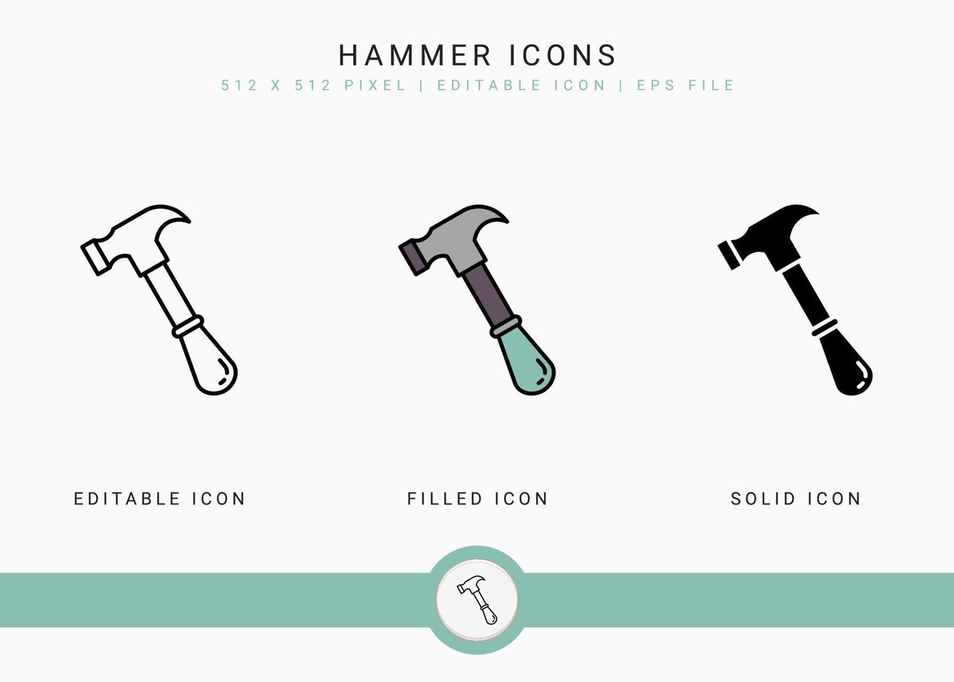 Hammer icons set vector illustration with solid icon line style. Carpenter tool building concept. Editable stroke icon on isolated background for web design, user interface, and mobile application