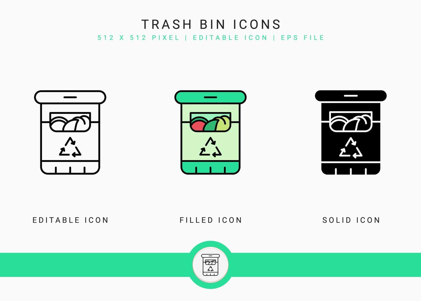 Trash bin icons set vector illustration with solid icon line style. Recycle garbage basket concept. Editable stroke icon on isolated background for web design, infographic and UI mobile app.