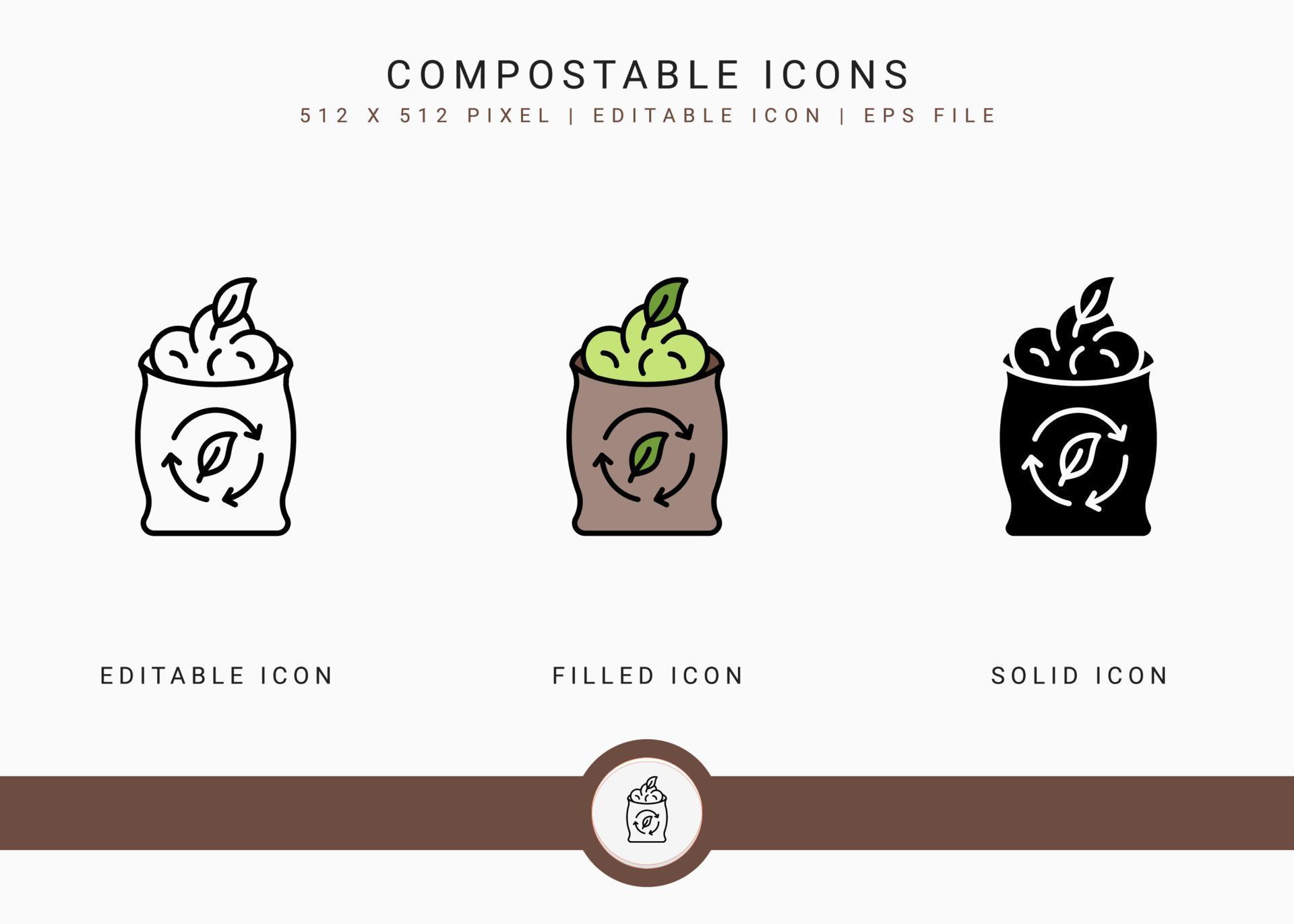 Compostable icons set vector illustration with solid icon line style