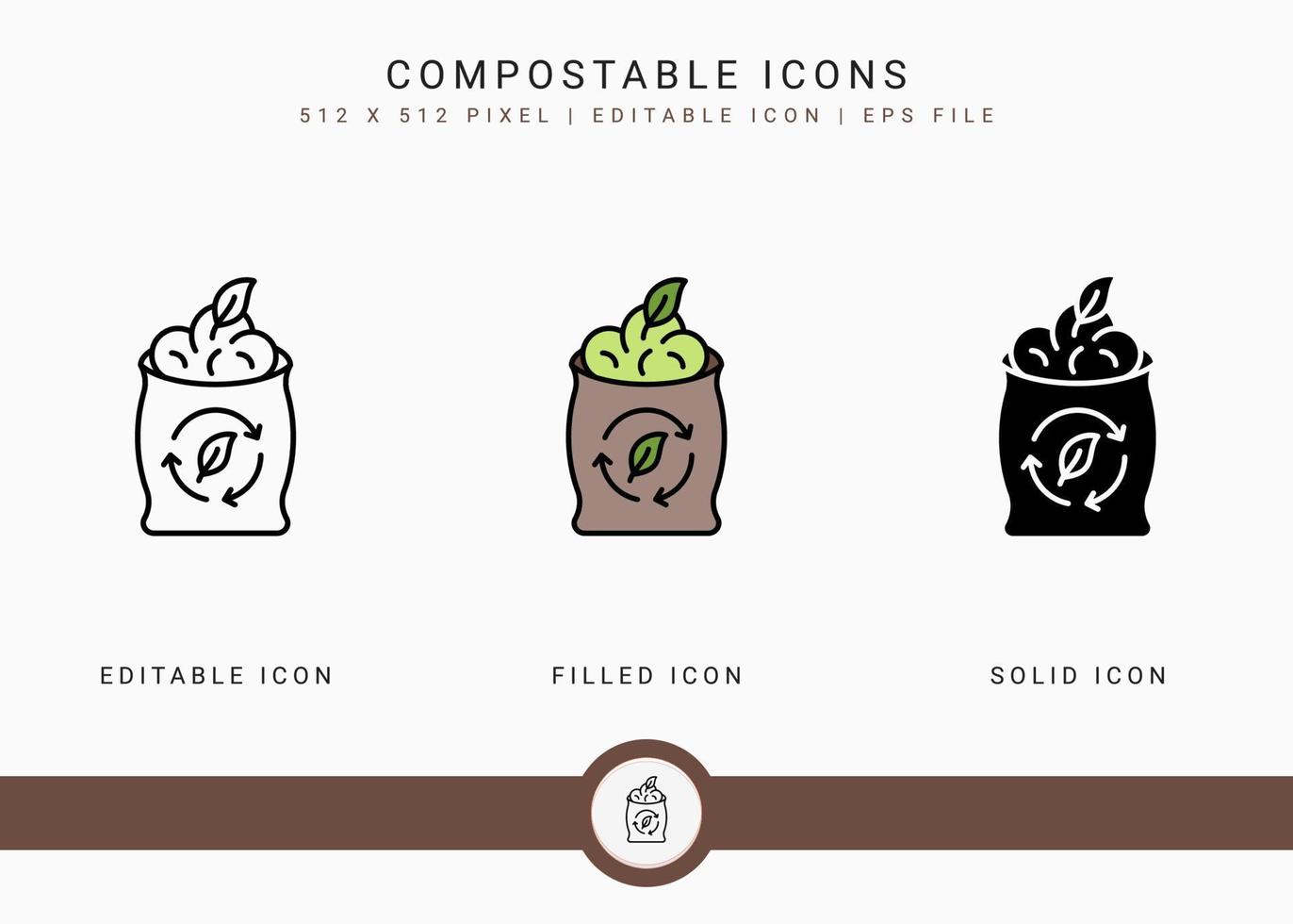 Compostable icons set vector illustration with solid icon line style. Bio decompose concept. Editable stroke icon on isolated background for web design, infographic and UI mobile app.