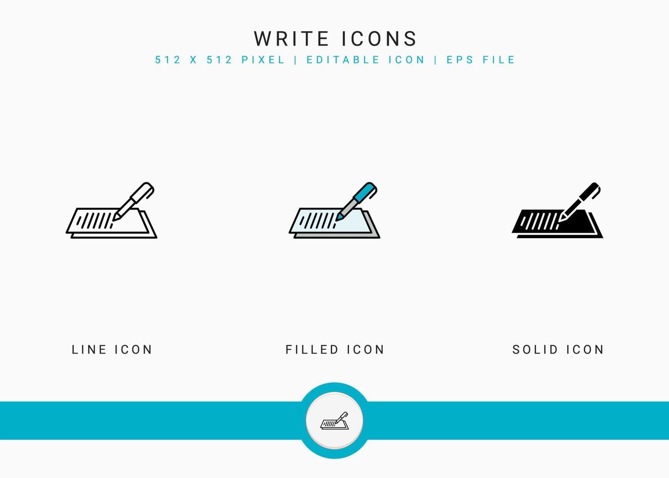 escribir iconos establecer ilustración vectorial con estilo de línea de icono sólido. concepto de historia de texto de periodista. icono de trazo editable en un fondo aislado para diseño web, interfaz de usuario y aplicación móvil vector