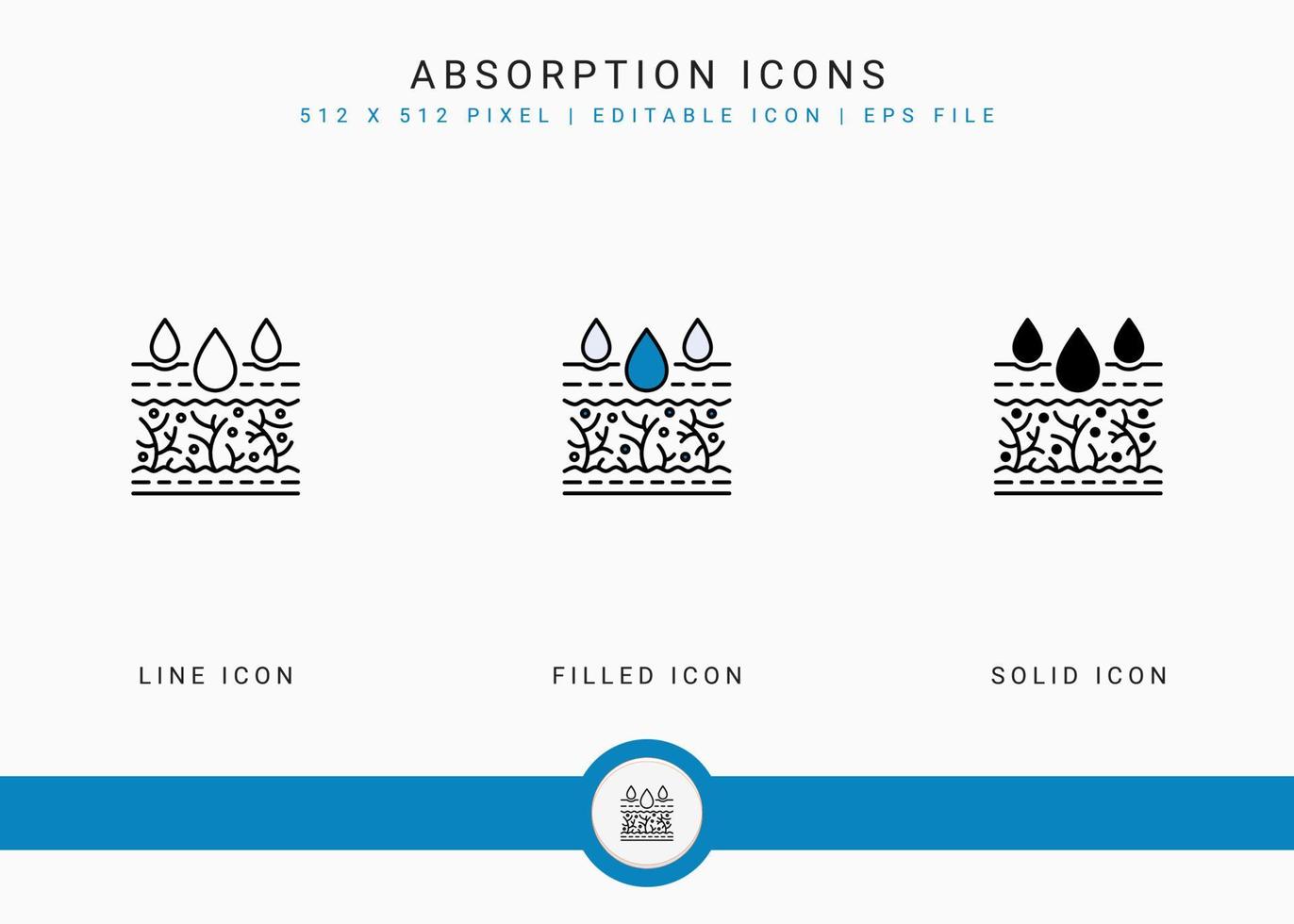 Absorption icons set vector illustration with solid icon line style. Skin moisture water concept. Editable stroke icon on isolated background for web design, user interface, and mobile application