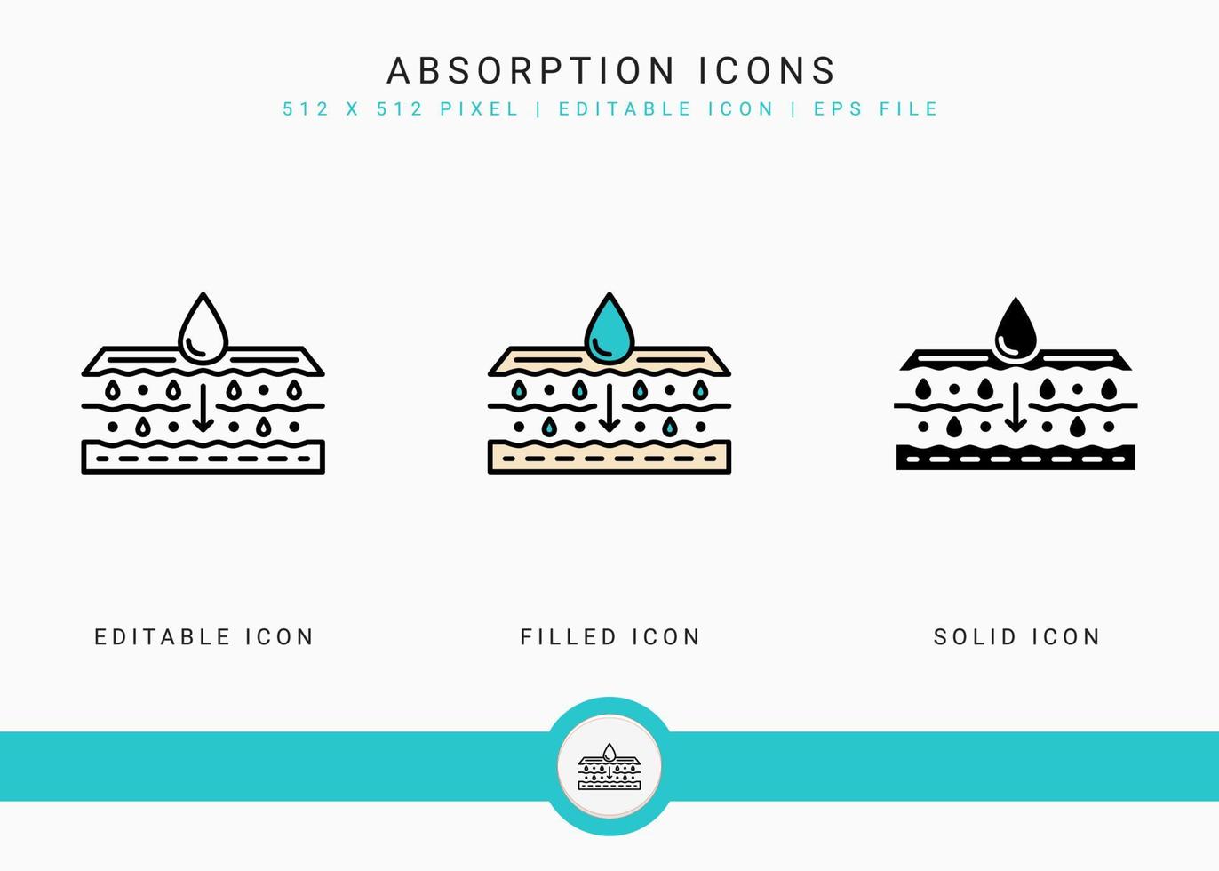 Absorption icons set vector illustration with solid icon line style. Drop water emulsion concept. Editable stroke icon on isolated background for web design, infographic and UI mobile app.