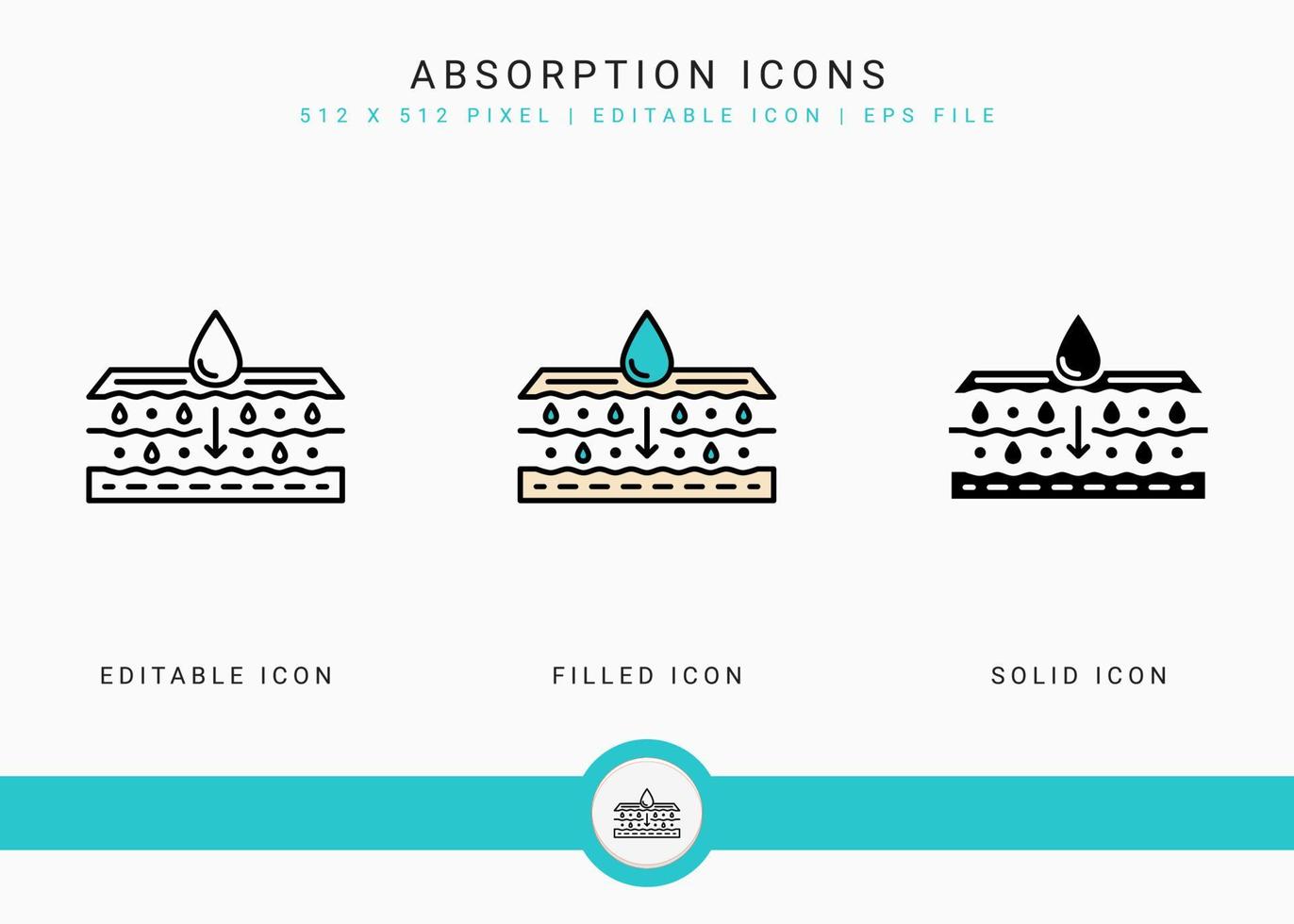 Absorption icons set vector illustration with solid icon line style. Drop water emulsion concept. Editable stroke icon on isolated background for web design, infographic and UI mobile app.