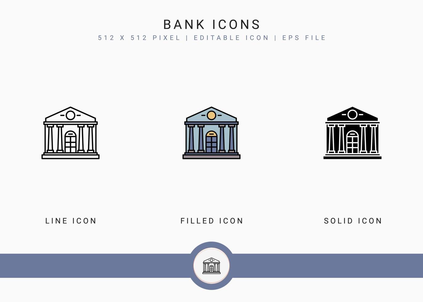 Bank icons set vector illustration with solid icon line style. City building concept. Editable stroke icon on isolated background for web design, user interface, and mobile app