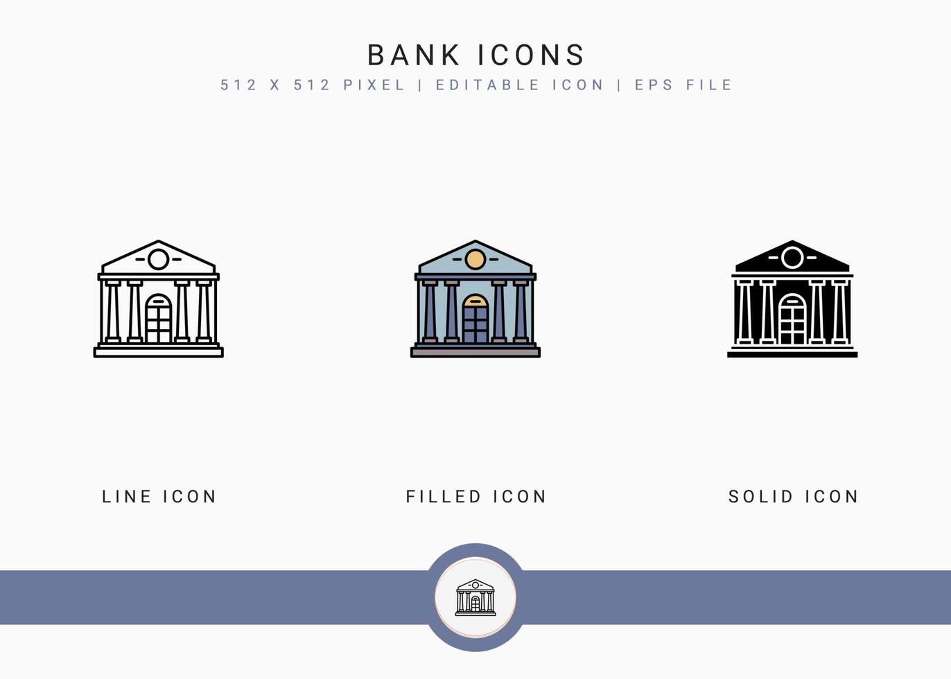 iconos de banco establecen ilustración vectorial con estilo de línea de icono sólido. concepto de construcción de la ciudad. icono de trazo editable en un fondo aislado para diseño web, interfaz de usuario y aplicación móvil vector