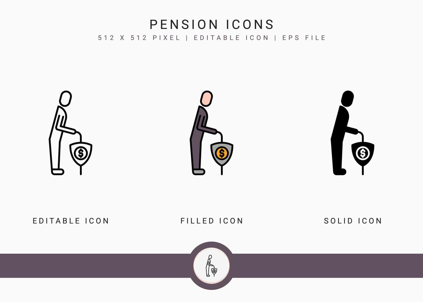 Pension icons set vector illustration with icon line style. Retirement fund plan concept. Editable stroke icon on isolated white background for web design, user interface, and mobile application