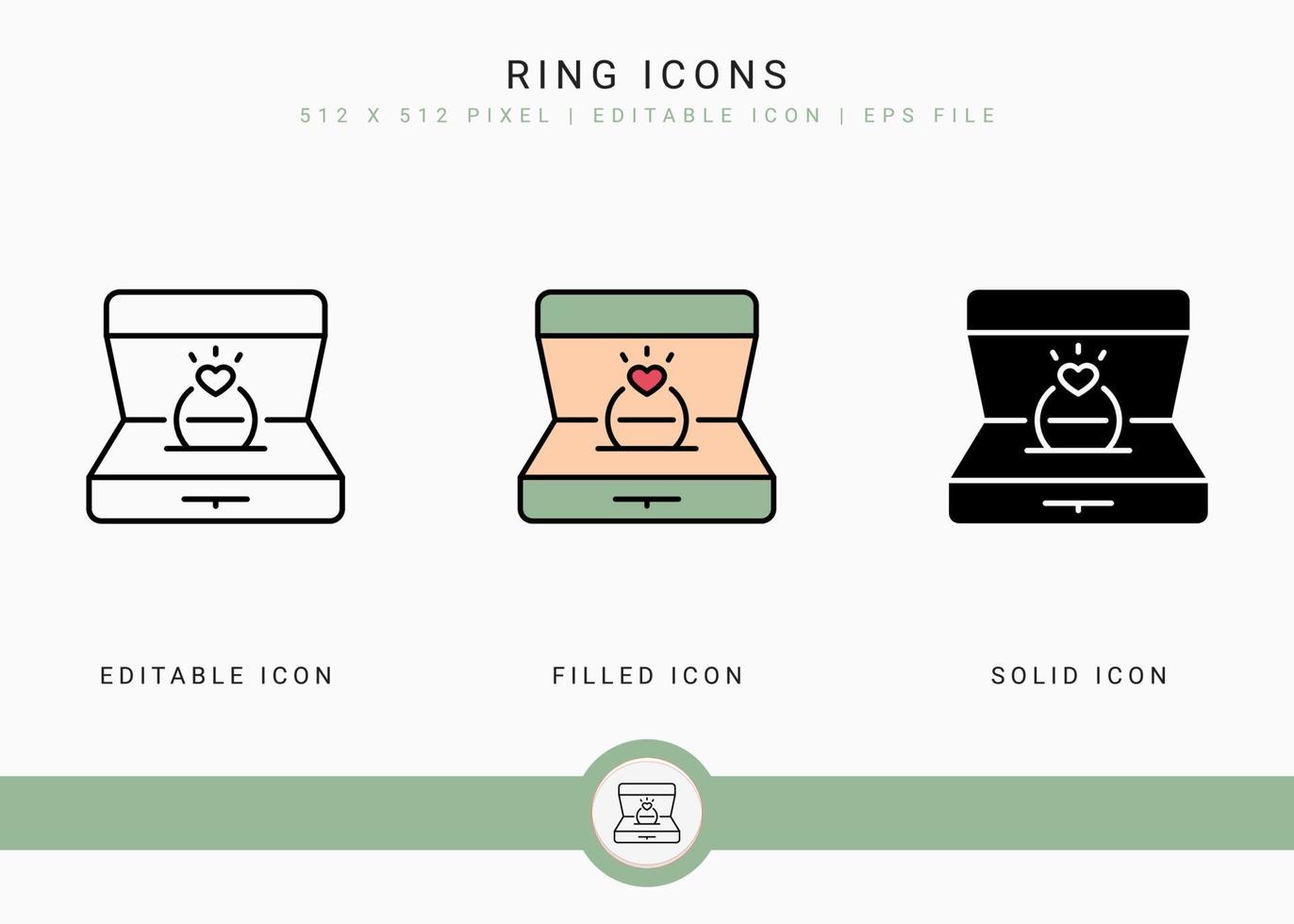 Ring icons set vector illustration with solid icon line style. Wedding love romance concept. Editable stroke icon on isolated background for web design, user interface, and mobile application