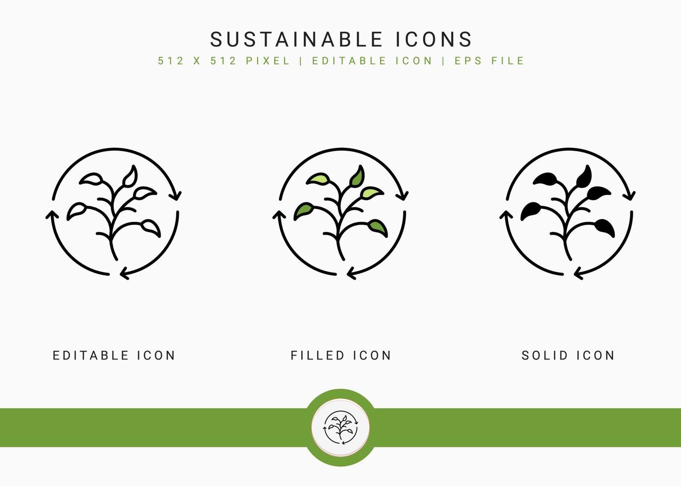 Sustainable icons set vector illustration with solid icon line style. Bio recycling leaves concept. Editable stroke icon on isolated background for web design, user interface, and mobile app