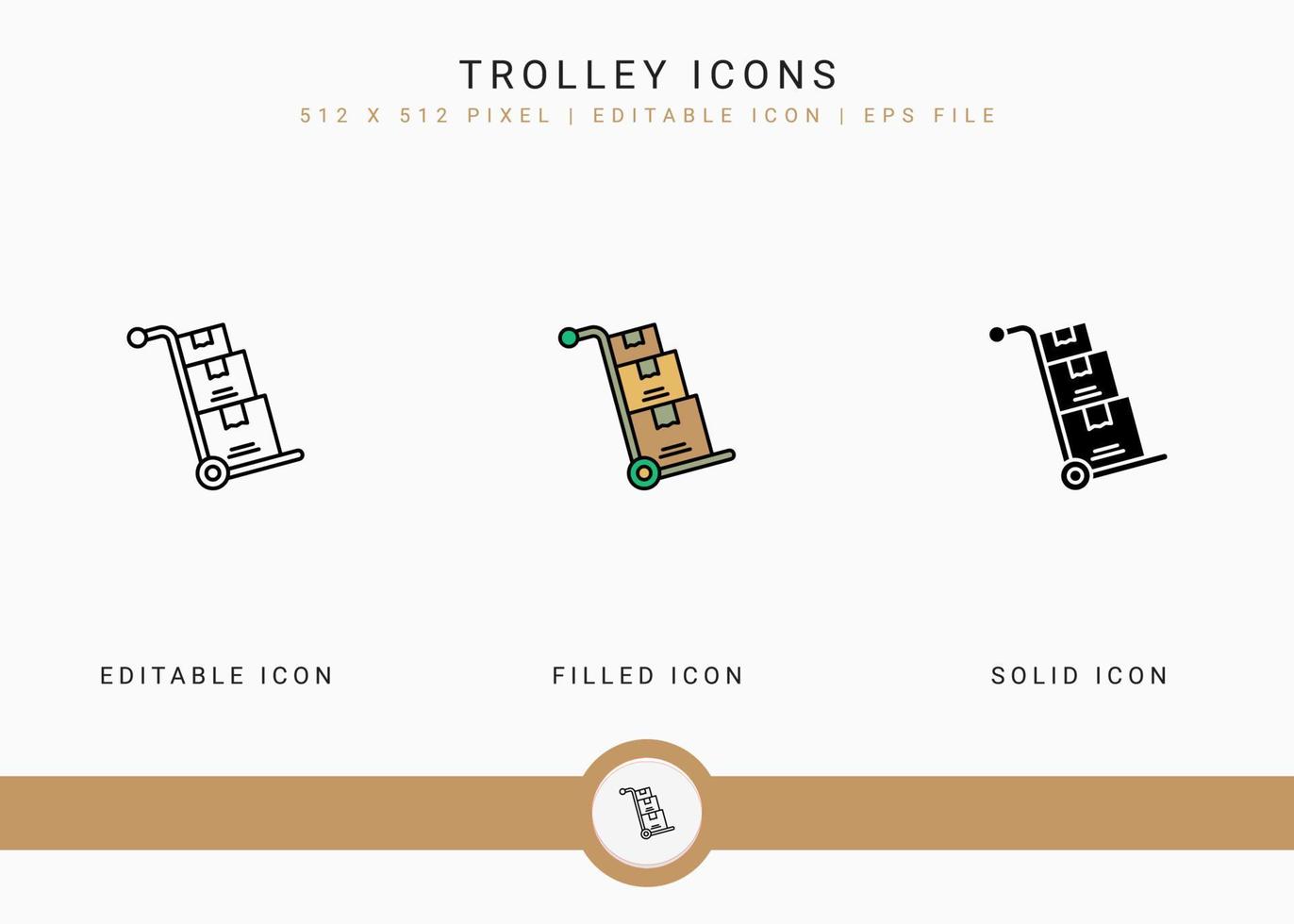 Trolley icons set vector illustration with solid icon line style. Online store retail concept. Editable stroke icon on isolated background for web design, user interface, and mobile app