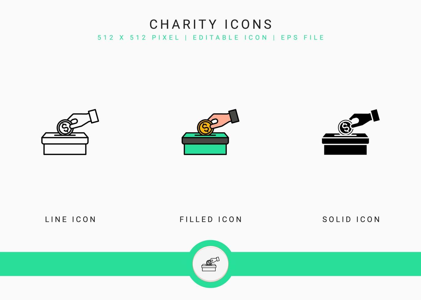 Charity icons set vector illustration with solid icon line style. Charitable give back concept. Editable stroke icon on isolated background for web design, infographic and UI mobile app.