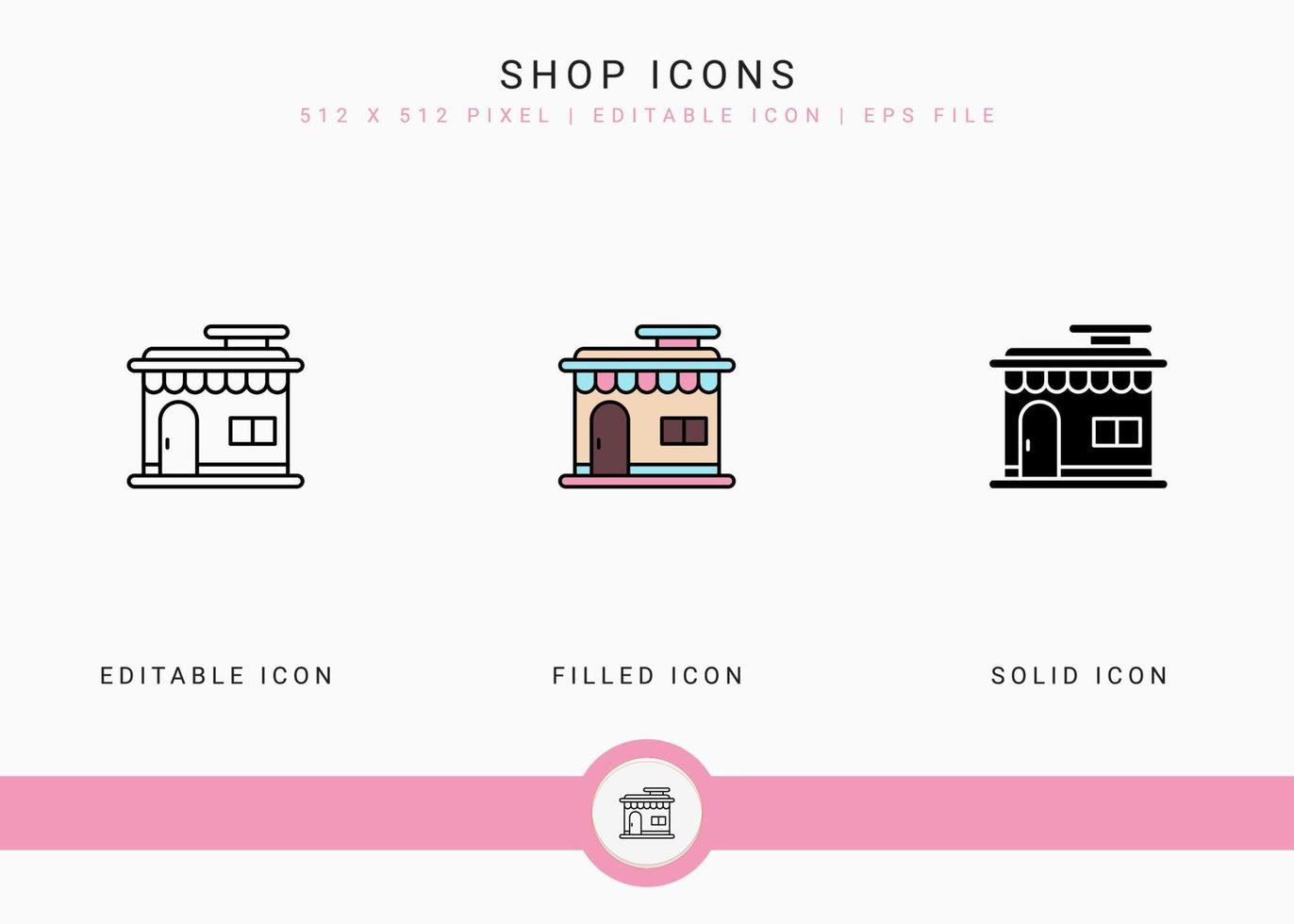 Shop icons set vector illustration with solid icon line style. Online store retail concept. Editable stroke icon on isolated background for web design, user interface, and mobile app