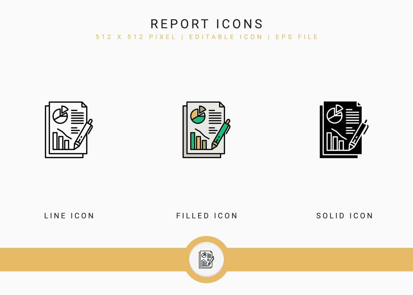 Report icons set vector illustration with solid icon line style. Customer satisfaction check concept. Editable stroke icon on isolated background for web design, infographic and UI mobile app.