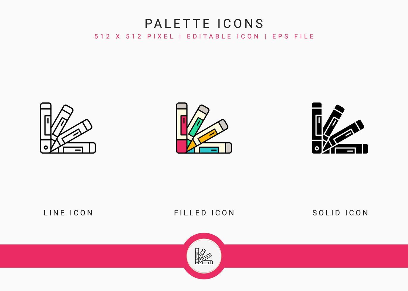 Palette icons set vector illustration with solid icon line style. Color brush art concept. Editable stroke icon on isolated background for web design, user interface, and mobile application