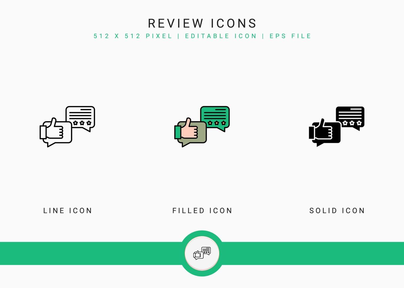 Review icons set vector illustration with solid icon line style. Customer satisfaction check concept. Editable stroke icon on isolated background for web design, infographic and UI mobile app.