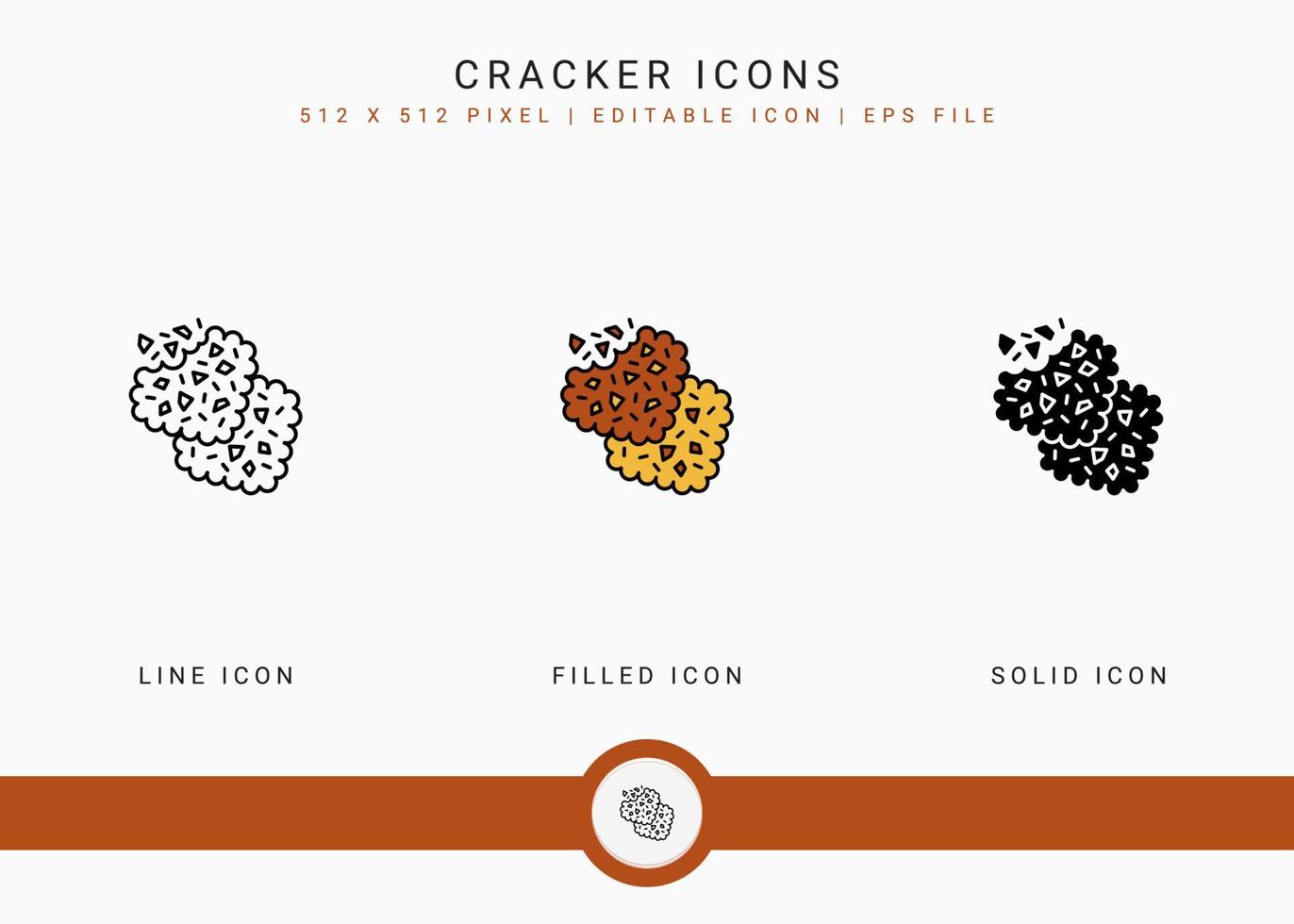 Cracker icons set vector illustration with solid icon line style. Cookie bite concept. Editable stroke icon on isolated background for web design, user interface, and mobile app