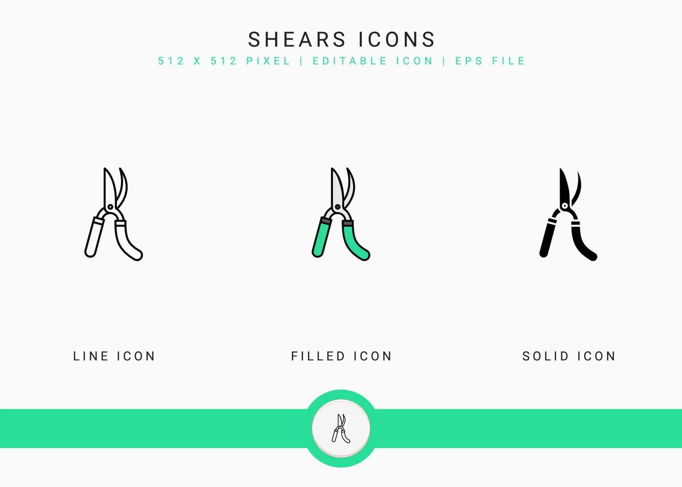 Shears icons set vector illustration with solid icon line style. Plant gardening agriculture concept. Editable stroke icon on isolated background for web design, user interface, and mobile app