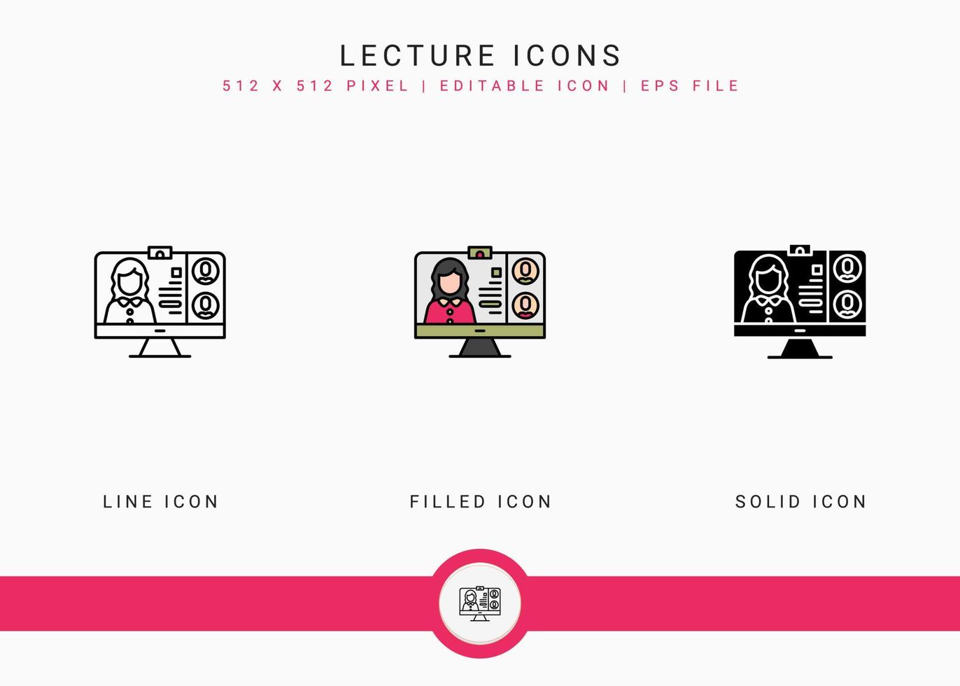 los iconos de conferencias establecen una ilustración vectorial con un estilo de línea de icono sólido. concepto de seminario web de video en línea. icono de trazo editable en un fondo aislado para diseño web, interfaz de usuario y aplicación móvil vector