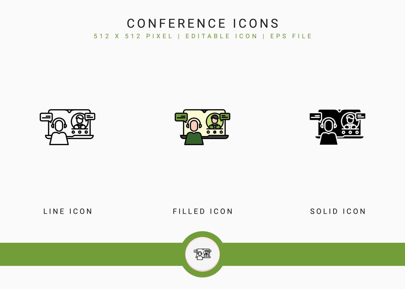 Conference icons set vector illustration with solid icon line style. Online video webinar concept. Editable stroke icon on isolated background for web design, user interface, and mobile app