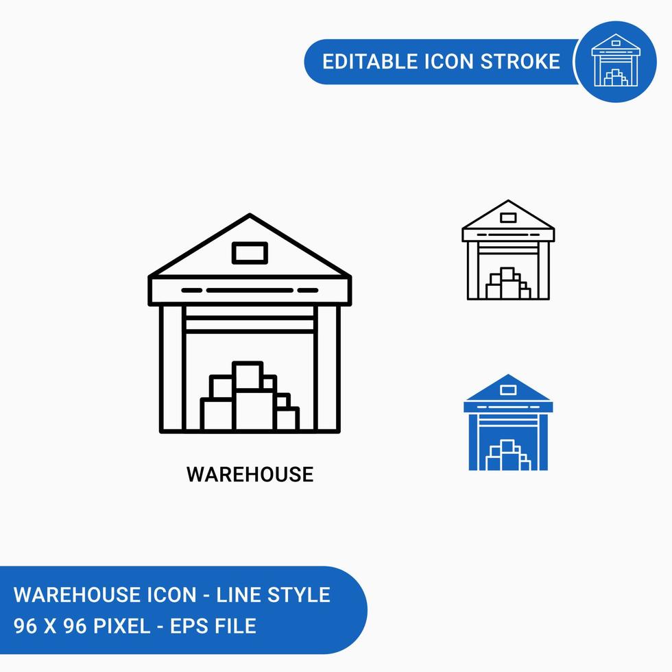 Warehouse icons set vector illustration with icon line style. Storehouse depot building concept. Editable stroke icon on isolated white background for web design, user interface, and mobile app