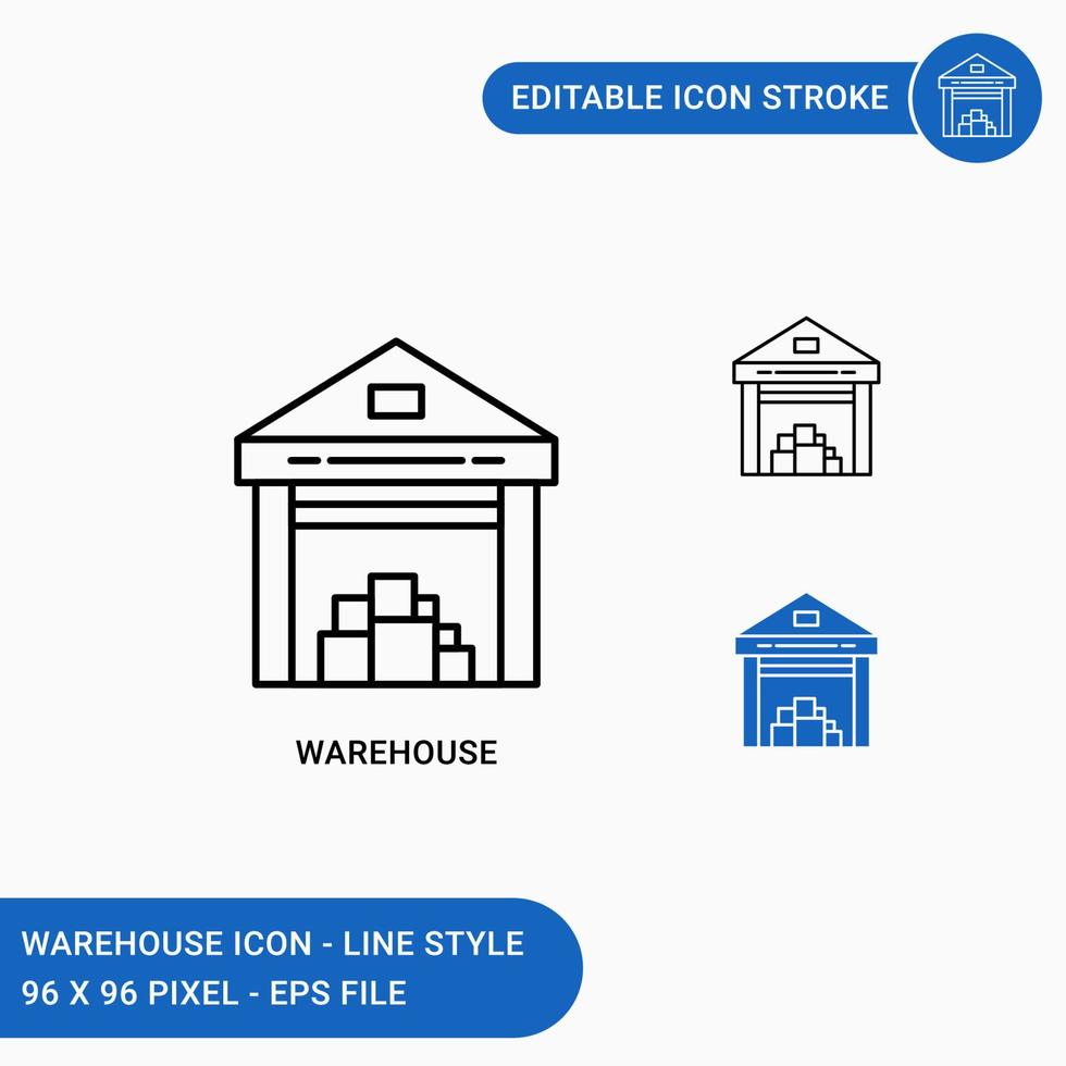 iconos de almacén establecer ilustración vectorial con estilo de línea de icono. concepto de construcción de depósito de almacén. icono de trazo editable sobre fondo blanco aislado para diseño web, interfaz de usuario y aplicación móvil vector