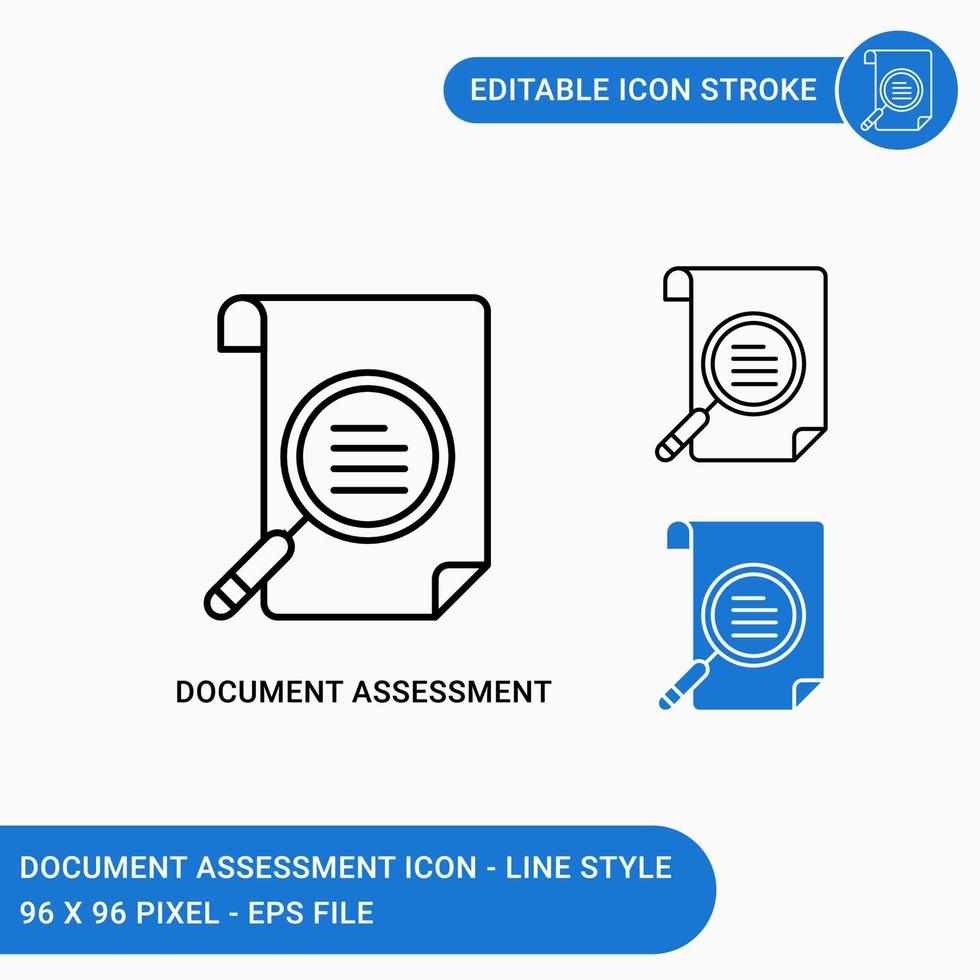 los iconos de evaluación de documentos establecen una ilustración vectorial con un estilo de línea de iconos. concepto de icono de auditoría de estado de cuenta en papel. icono de trazo editable sobre fondo blanco aislado para diseño web, interfaz de usuario, aplicación móvil vector