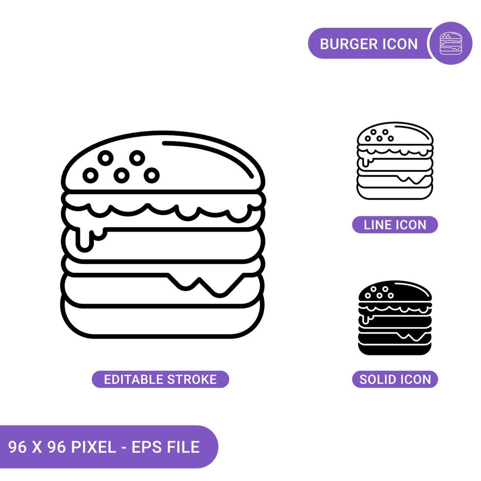 Burger icons set vector illustration with solid icon line style. Hamburger badge concept. Editable stroke icon on isolated background for web design, infographic and UI mobile app.