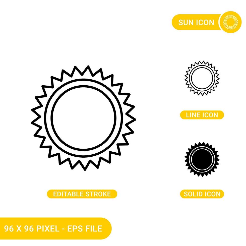 Sun icons set vector illustration with solid icon line style. Bright sun concept. Editable stroke icon on isolated background for web design, infographic and UI mobile app.