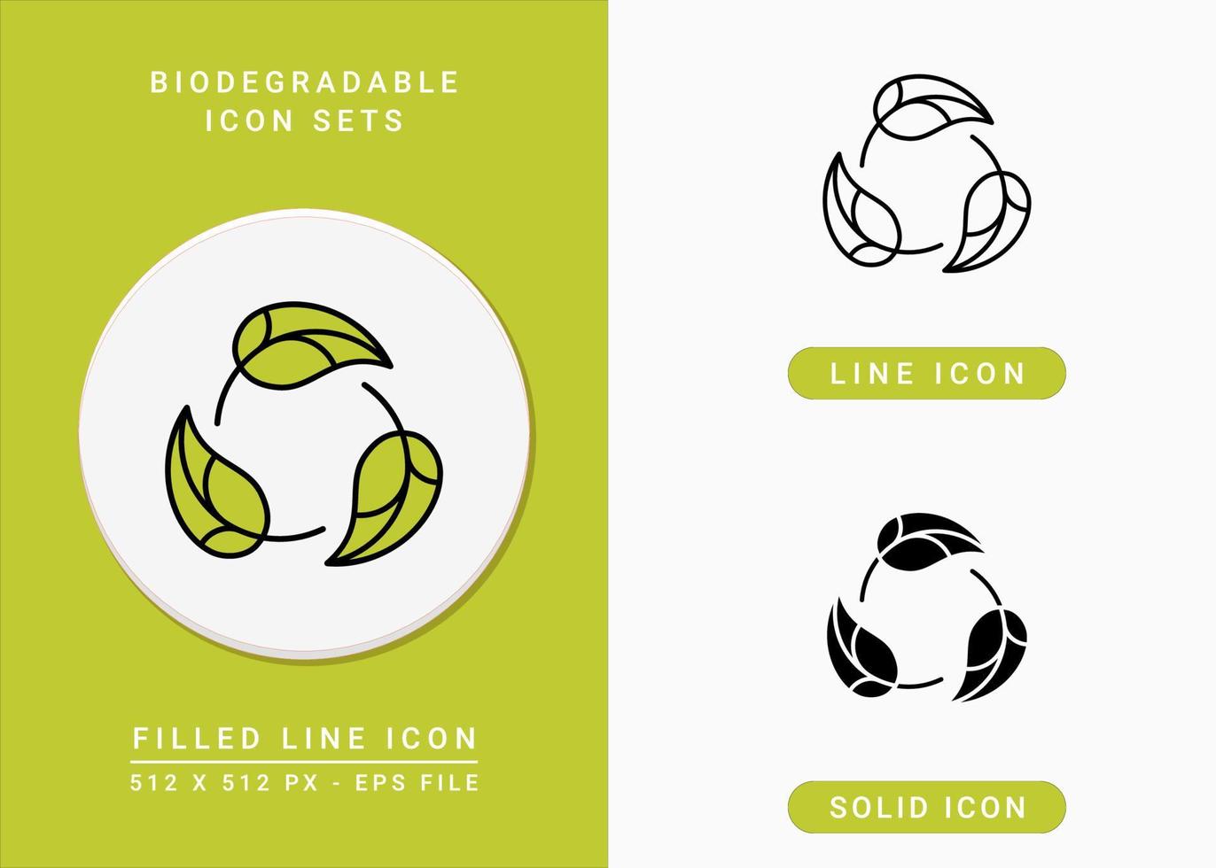 Biodegradable icons set vector illustration with solid icon line style. Recycle leaf concept. Editable stroke icon on isolated background for web design, infographic and UI mobile app.