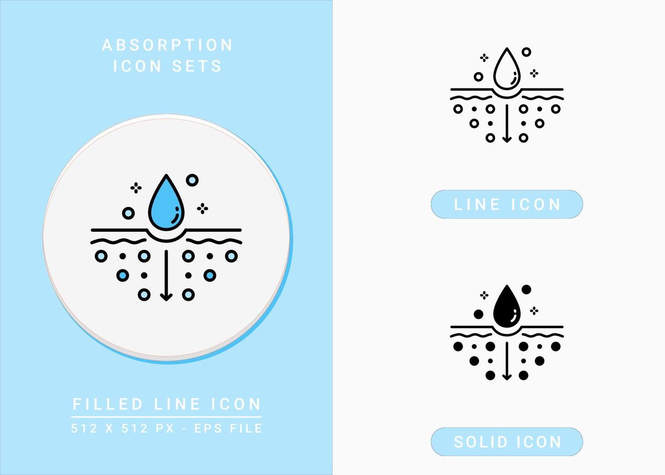 Absorption icons set vector illustration with solid icon line style. Drop water emulsion symbol. Editable stroke icon on isolated background for web design, infographic and UI mobile app.