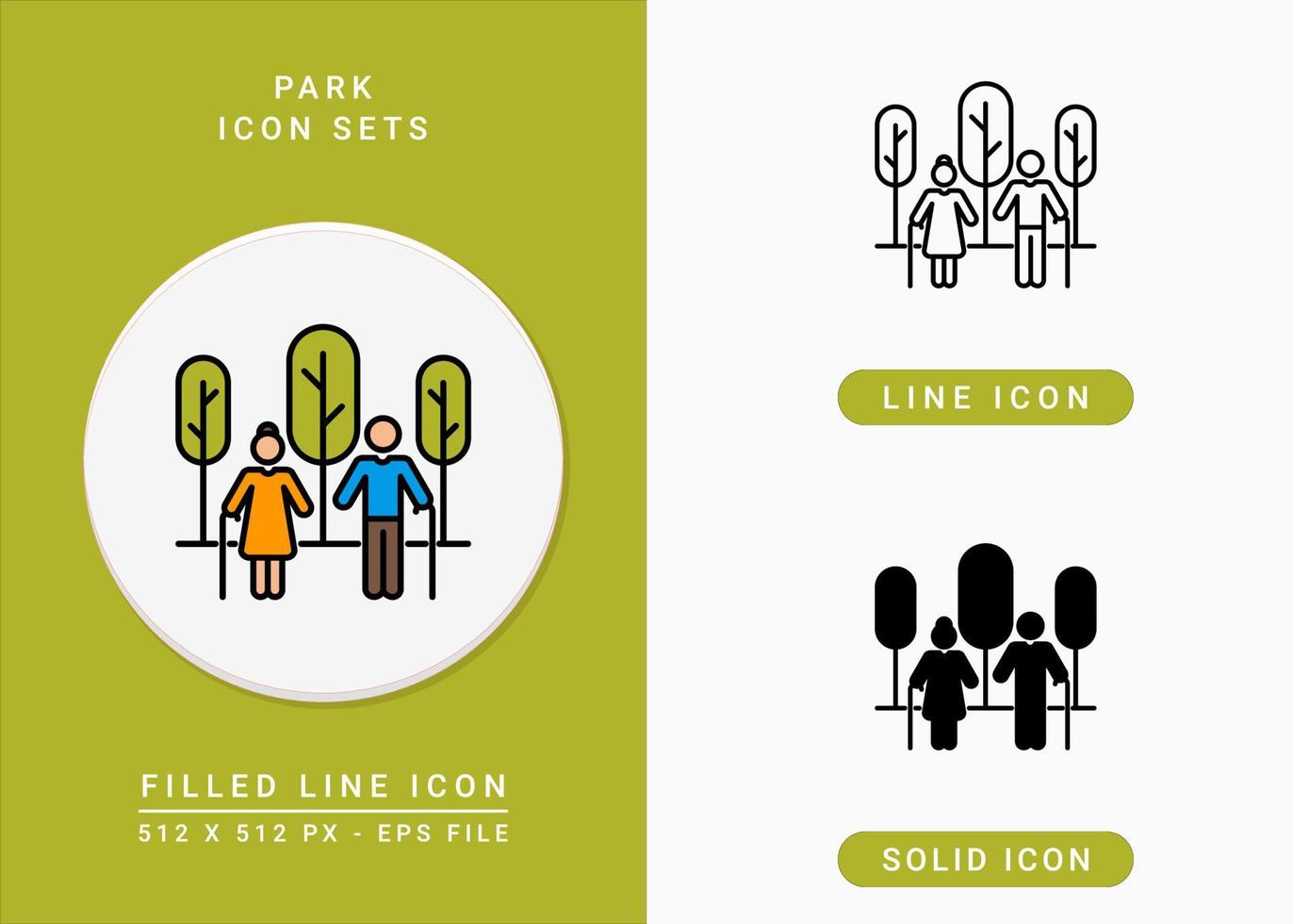 Park icons set vector illustration with solid icon line style. Old people walking symbol. Editable stroke icon on isolated background for web design, user interface, and mobile app