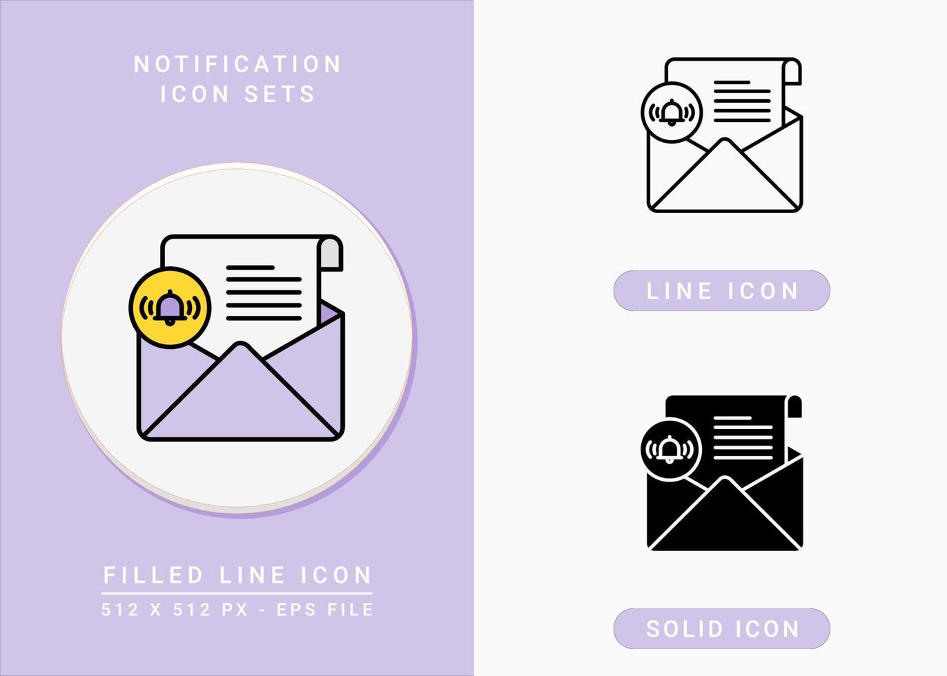 Notification icons set vector illustration with solid icon line style. Message and mail concept. Editable stroke icon on isolated background for web design, infographic and UI mobile app.