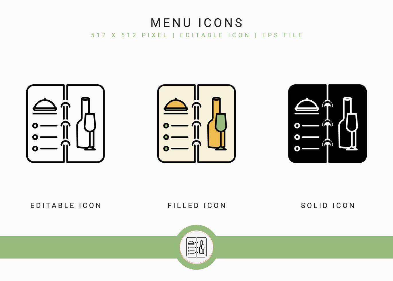 Menu icons set vector illustration with solid icon line style. Restaurant food lists concept. Editable stroke icon on isolated background for web design, infographic and UI mobile app.