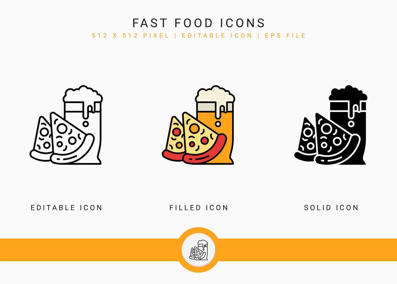 Fast food icons set vector illustration with solid icon line style. Cafeteria snack menu concept. Editable stroke icon on isolated background for web design, infographic and UI mobile app.