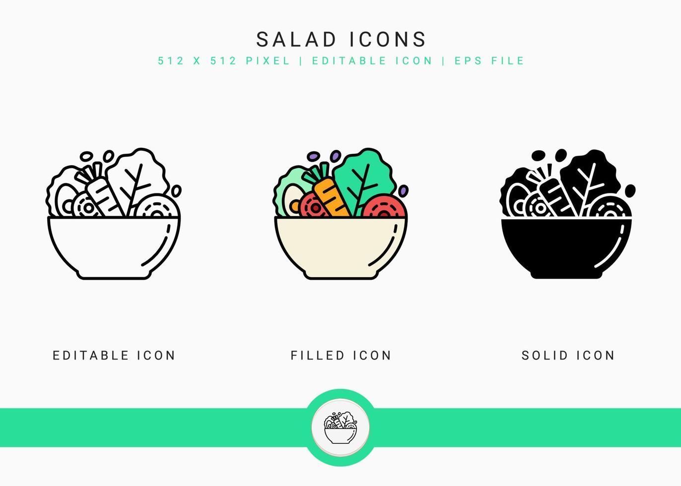 Salad icons set vector illustration with solid icon line style. Healthy diet food concept. Editable stroke icon on isolated white background for web design, user interface, and mobile application