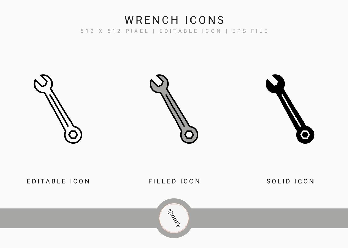 Wrench icons set vector illustration with solid icon line style. Carpenter tool building concept. Editable stroke icon on isolated background for web design, user interface, and mobile application