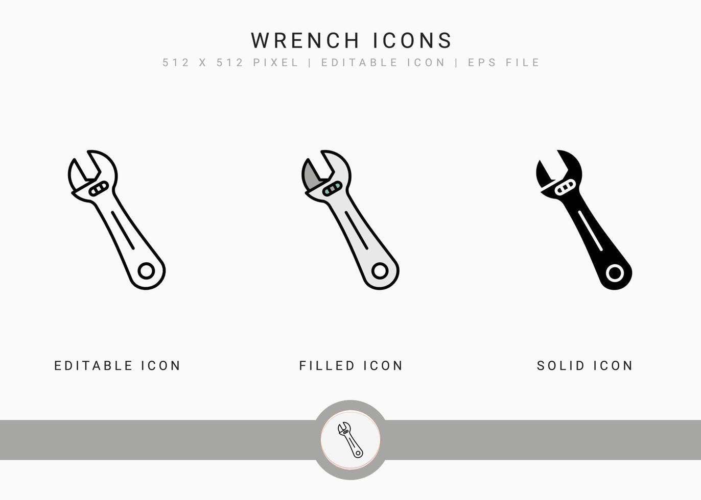 Wrench icons set vector illustration with solid icon line style. Carpenter tool building concept. Editable stroke icon on isolated background for web design, user interface, and mobile application