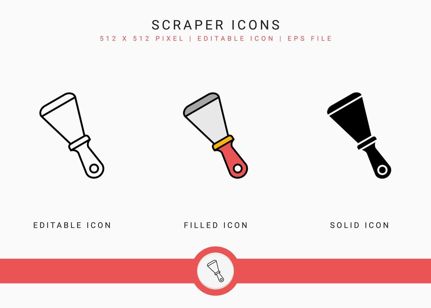 Scraper icons set vector illustration with solid icon line style. Carpenter tool building concept. Editable stroke icon on isolated background for web design, user interface, and mobile application