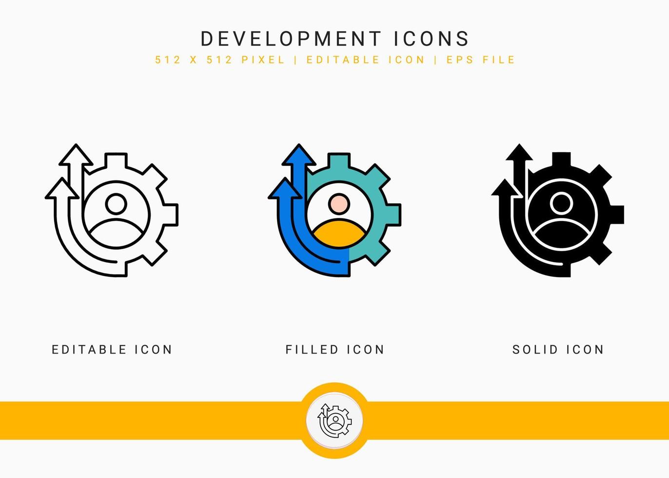 iconos de desarrollo establecer ilustración vectorial con estilo de línea de icono sólido. concepto de progreso de habilidades comerciales. icono de trazo editable sobre fondo blanco aislado para diseño web, interfaz de usuario y aplicación móvil vector