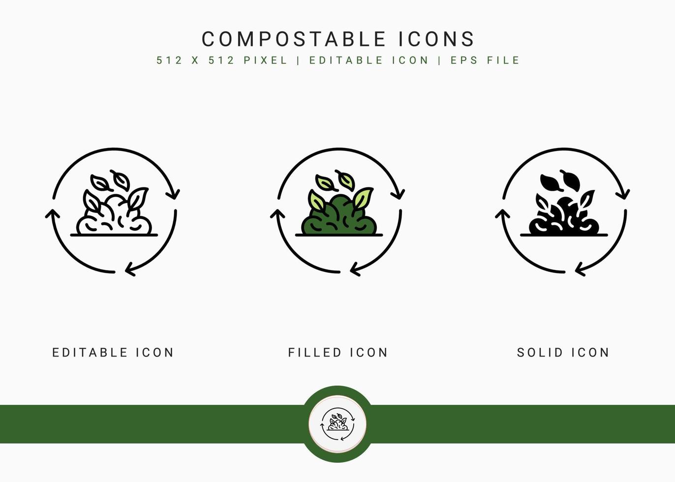 Compostable icons set vector illustration with solid icon line style. Bio decompose concept. Editable stroke icon on isolated background for web design, infographic and UI mobile app.