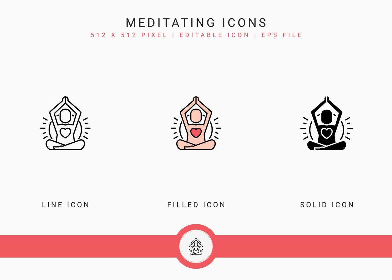 Meditating icons set vector illustration with solid icon line style. Yoga body concept. Editable stroke icon on isolated background for web design, user interface, and mobile app