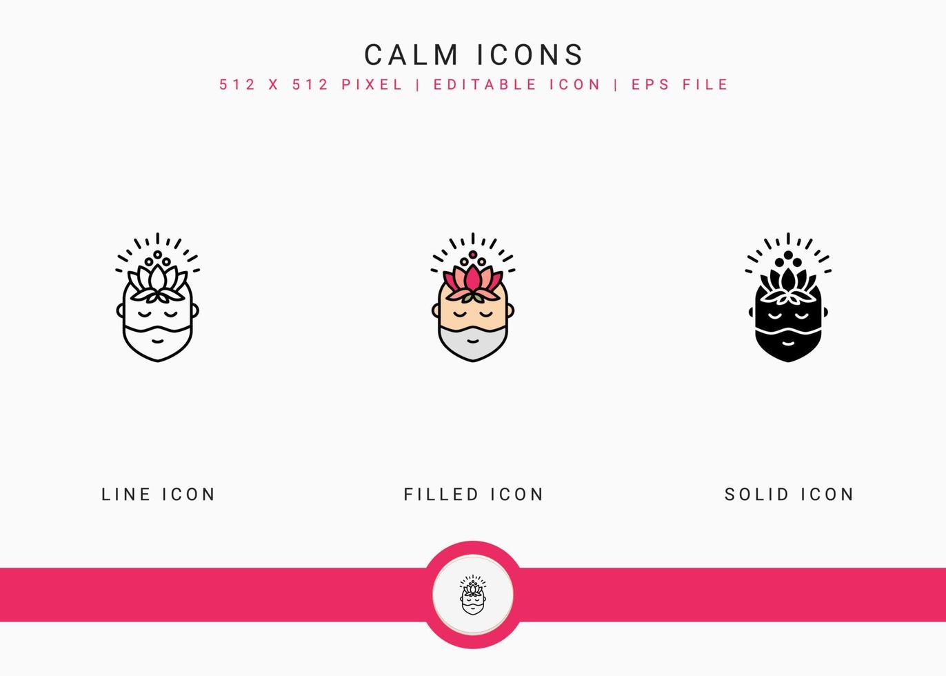 Calm icons set vector illustration with solid icon line style. Meditating energy concept. Editable stroke icon on isolated background for web design, user interface, and mobile app