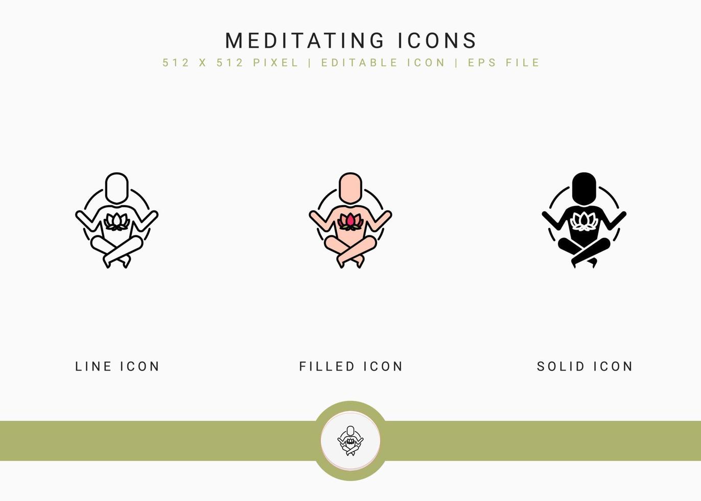 Meditating icons set vector illustration with solid icon line style. Yoga body concept. Editable stroke icon on isolated background for web design, user interface, and mobile app